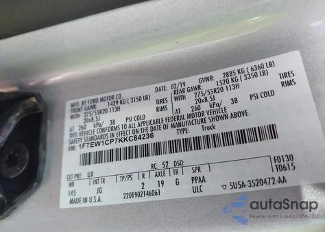 2019 Ford F-150 Xl из США, поврежденный, VIN 1FTEW1CP7KKC84236